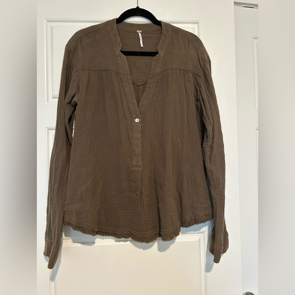 Free people olive gauze vneck blouse